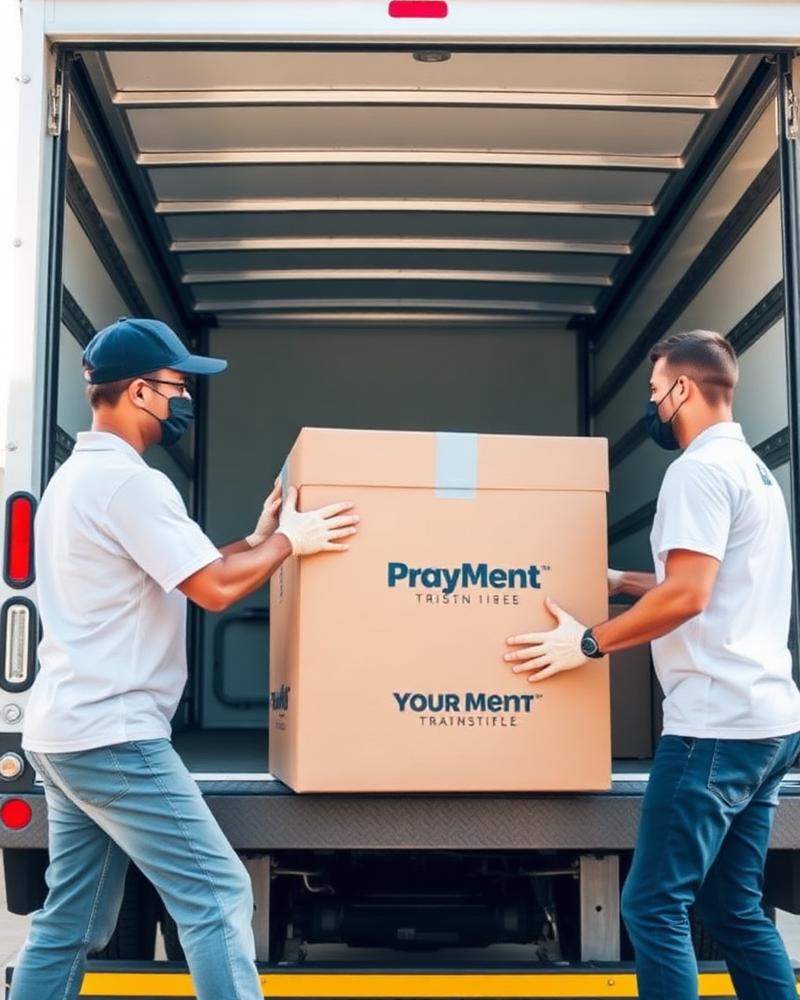 Professional movers loading a box into a branded moving truck